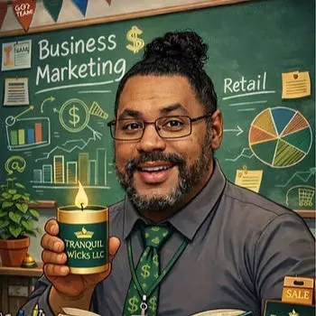 Robert Viquez holding a Tranquil Wicks candle in a business classroom